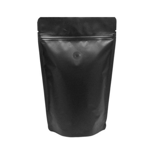 1kg Matt Black Stand Up Coffee Bag with Valve and Zipper, Foil Lined (100 pcs)