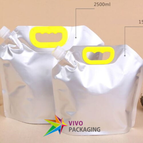 1500ml Aluminium Silver Foil Stand Up Spout Pouch for Liquid Packaging, with Handle (100 pcs)