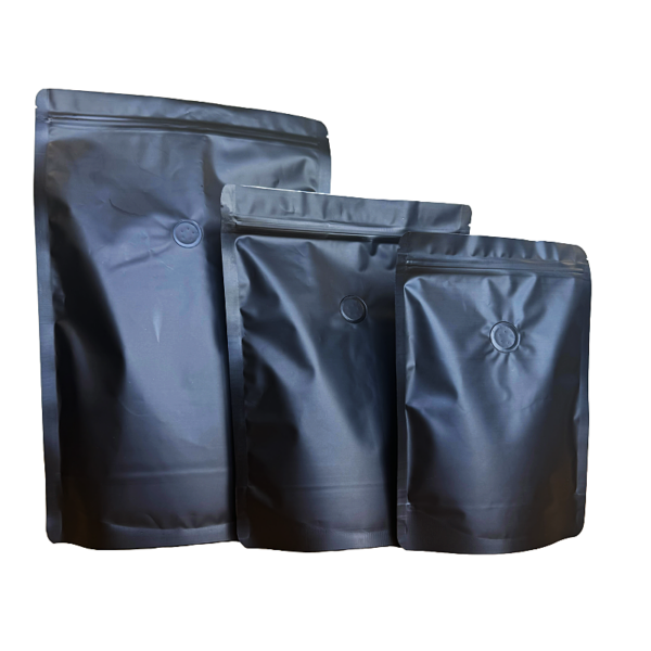1kg Matt Black Stand Up Coffee Bag with Valve and Zipper, Foil Lined (100 pcs)