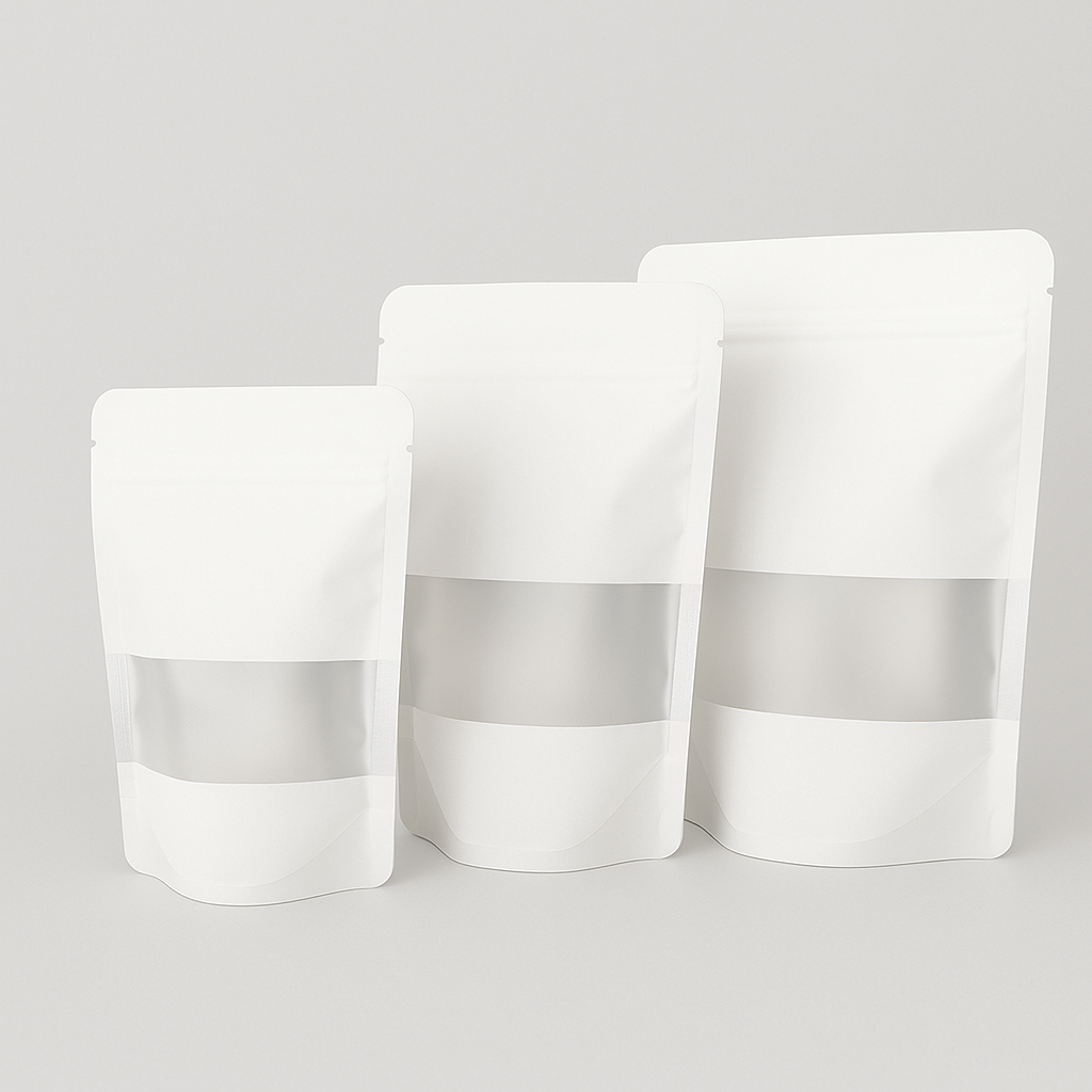 Matt White Stand Up Pouch with Window & Zipper, Foil Lined 250g Matt White Stand Up Pouch with Window & Zipper, Foil Lined (100 pcs) (160×230+90mm)