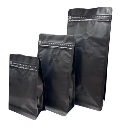 250g Matt Black Flat Bottom Coffee Bag with Valve, Pull-Tab Zipper, Foil Lined (100 pcs)