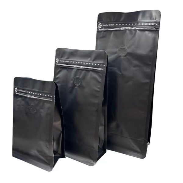 250g Matte Black Flat Bottom Coffee Bag with Valve, Pull-Tab Zipper, Foil Lined (100 pcs)