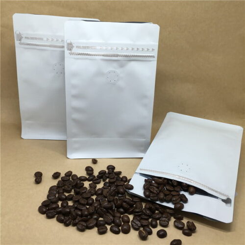 500g Matte White Flat Bottom Coffee Bag with Valve, Pull-Tab Zipper, Foil Lined (100 pcs)