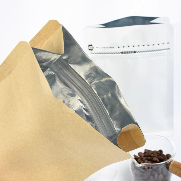 250g Kraft Paper Flat Bottom Coffee Bag with Valve, Pull-Tab Zipper, Foil Lined (100 pcs)
