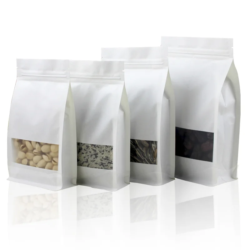 White Kraft Paper Flat Bottom Bag with Zipper, Rectangular Window, Plastic Lined (100 pcs) 1