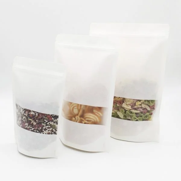 White Paper Stand Up Pouch with Zipper, Rectangular Window (100 pcs)