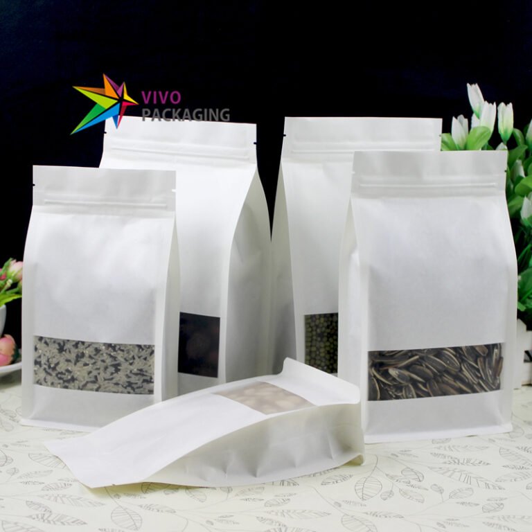 800g White Kraft Paper Flat Bottom Bag with Zipper, Rectangular Window