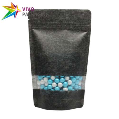140g Black Rice Paper Stand Up Pouch with Zipper, Rectangular Window (100 pcs) (130×205+80mm)