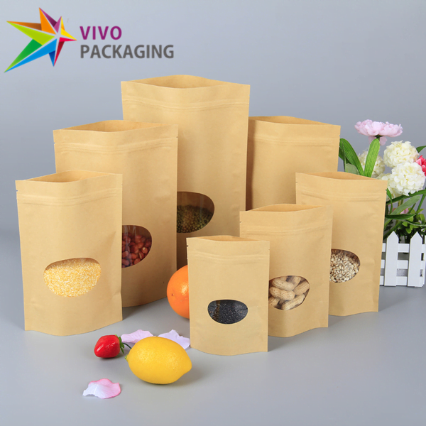 kraft paper stand up pouches with zipper and clear oval window  13983