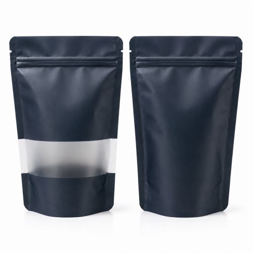 100g Matt Black Stand Up Pouch with Window & Zipper, Foil Lined (100 pcs) (120×200+80mm)