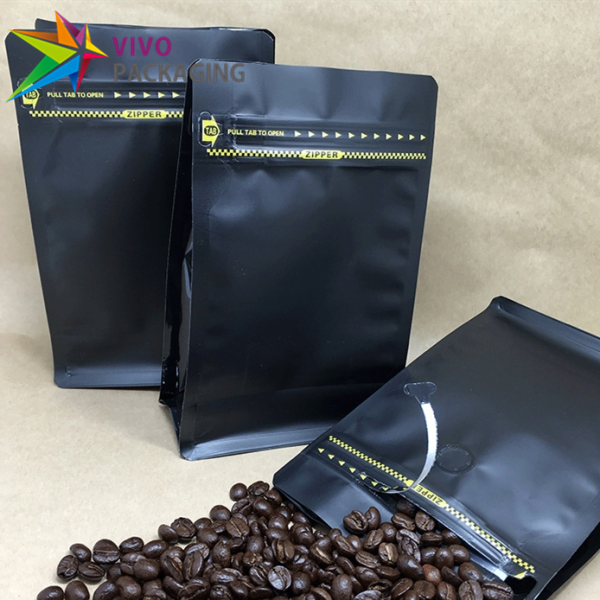 matt black box bottom coffee pouches with valve pull tab zipper  90060