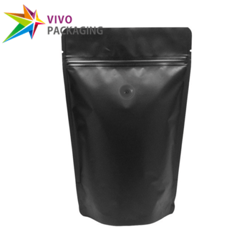 250g Matt Black Stand Up Coffee Bag with Valve and Zipper, Foil Lined (100 pcs)