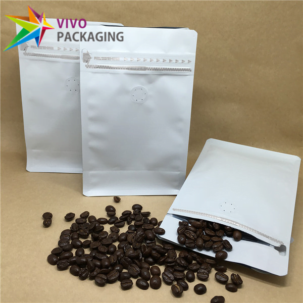 matt white box bottom coffee pouch with valve pull tab zipper  69946