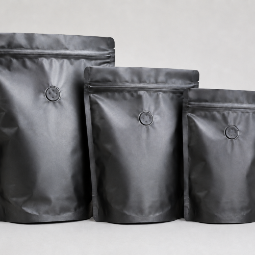 1kg Matt Black Stand Up Coffee Bag with Valve and Zipper, Foil Lined (100 pcs)