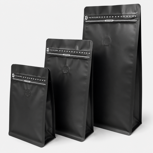 1kg Matt Black Flat Bottom Coffee Bag with Valve, Pull-Tab Zipper, Foil Lined (100 pcs)
