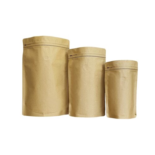 500g Kraft Paper Stand Up Coffee Bag with Valve, Pull-Tab Zipper, Foil Lined (100 pcs)