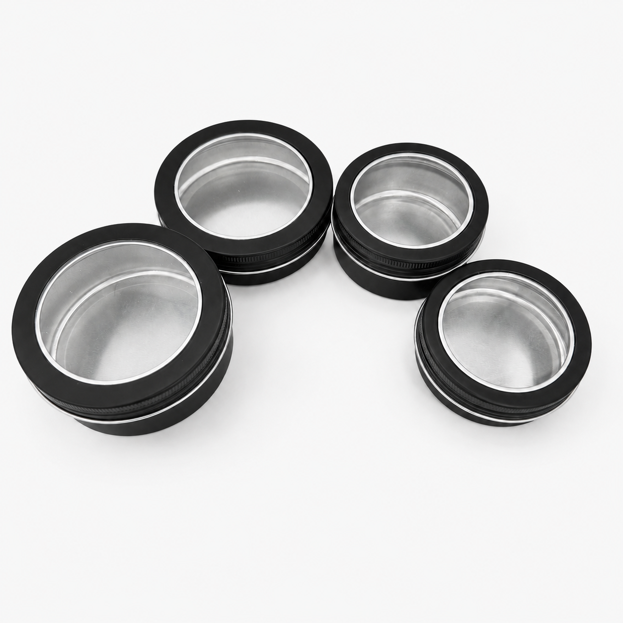 01 bk tin see through Matt Black Aluminium Tin Jars with See-Through Lids, Various Sizes (100 pcs)
