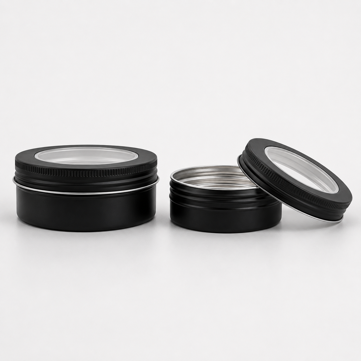 02 bk tin see through Matt Black Aluminium Tin Jars with See-Through Lids, Various Sizes (100 pcs)