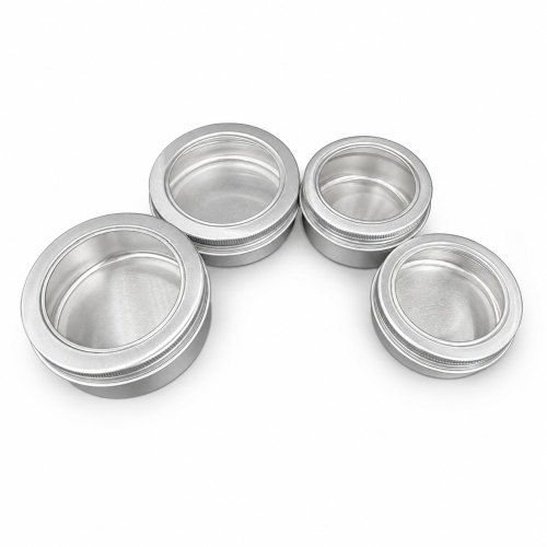 Silver Aluminium Tins with See-Through Lids, Small Round Container, Various Sizes (100 pcs)