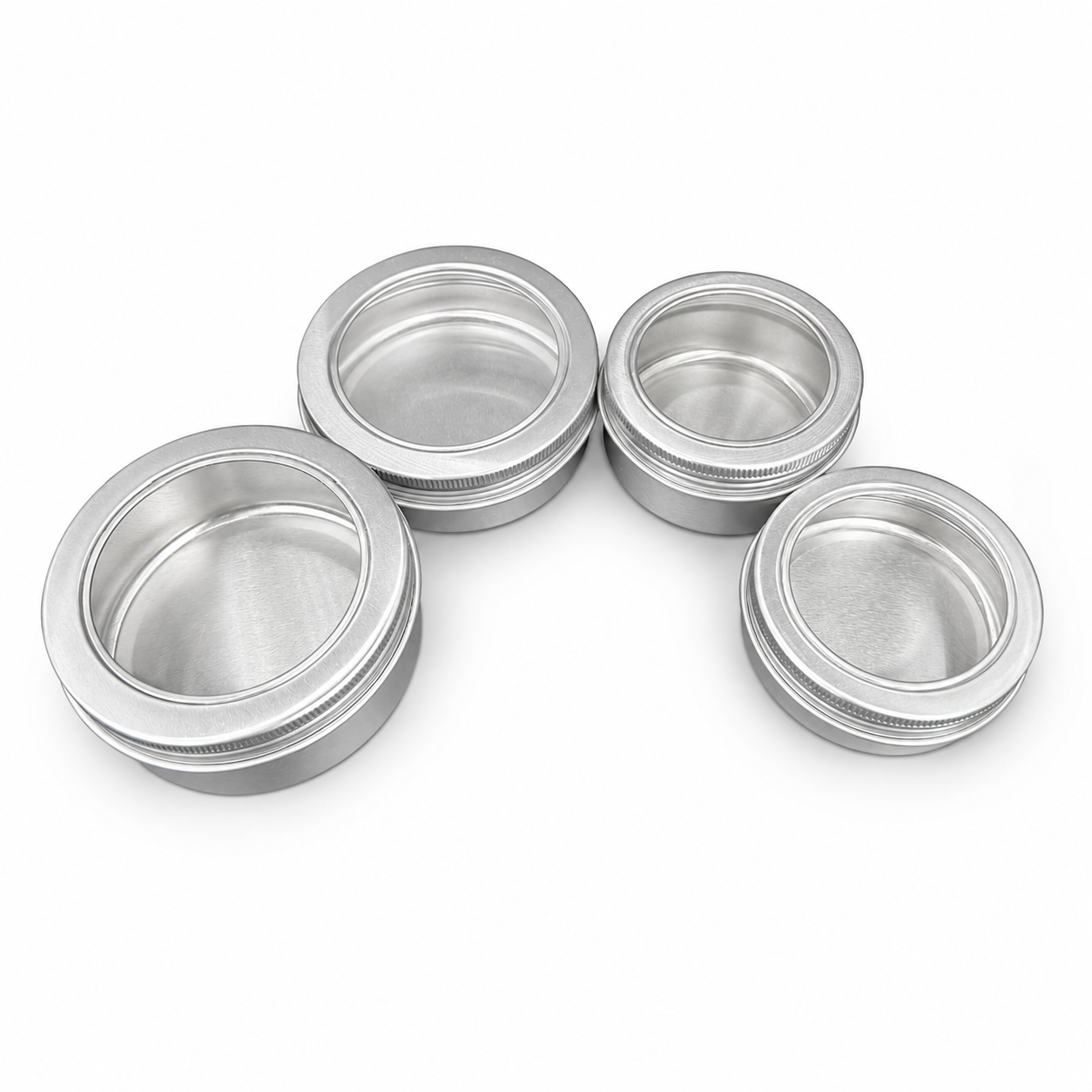 1 Silver Aluminium Tins with See-Through Lids, Small Round Container, Various Sizes (100 pcs)