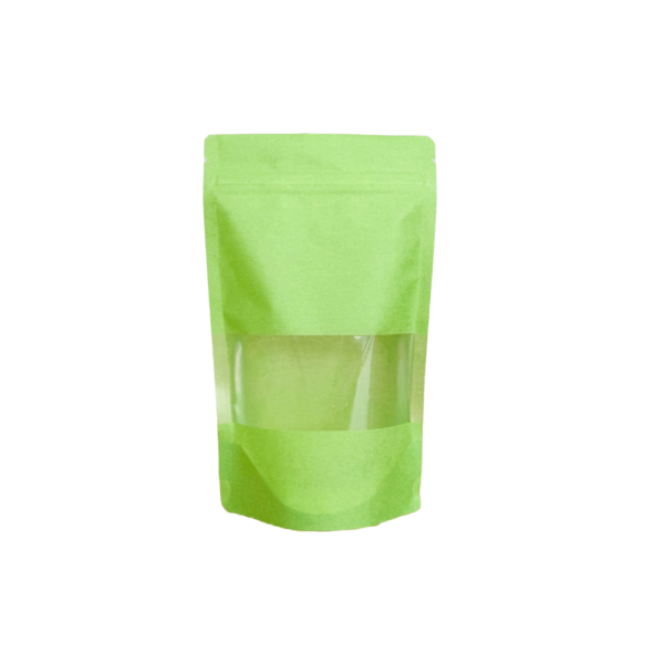 150g Green Rice Paper Stand Up Pouch with Zipper, Rectangular Window (100 pcs) (130×210+80mm)