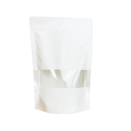 500g White Rice Paper Stand Up Pouch with Zipper, Rectangular Window (100 pcs) (190×275+100mm)