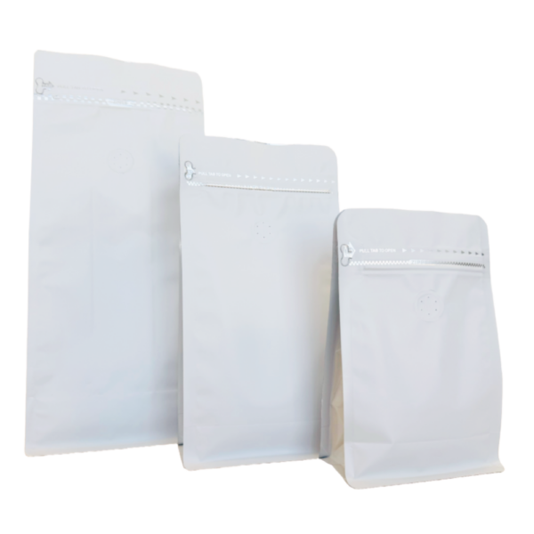 500g White Paper Flat Bottom Coffee Bag with Valve, Pull-Tab Zipper, Foil Lined (100 pcs)