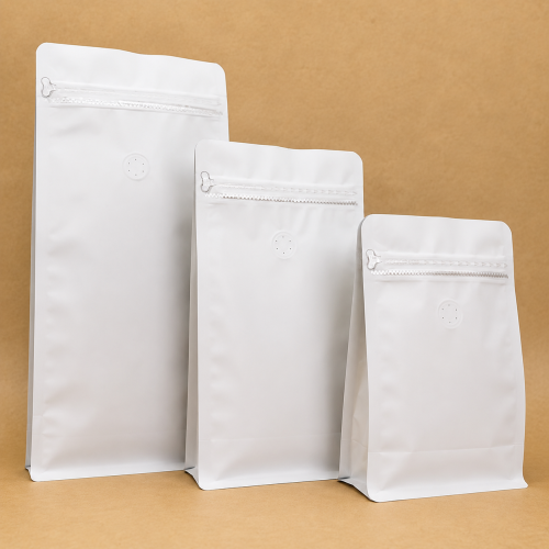 1kg Matt White Flat Bottom Coffee Bag with Valve, Pull-Tab Zipper, Foil Lined (100 pcs)