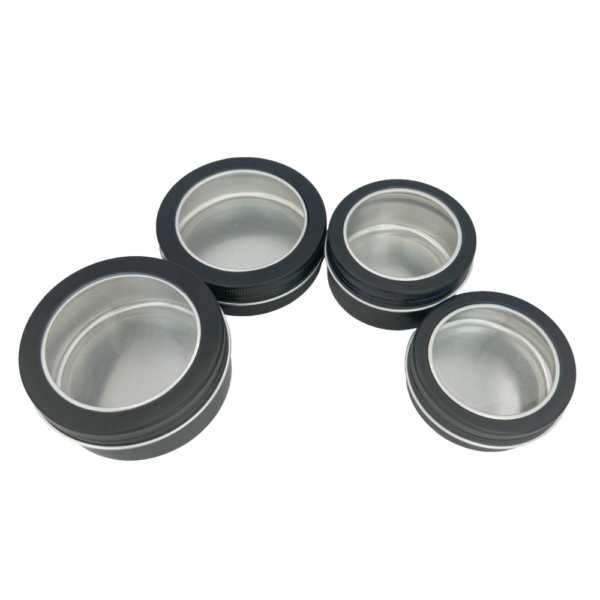 Matt Black Aluminium Tins with See-Through Lids, Small Round Container, Various Sizes (100 pcs)