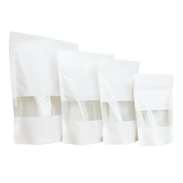 70g White Rice Paper Stand Up Pouch with Zipper, Rectangular Window (100 pcs) (110×170+60mm)