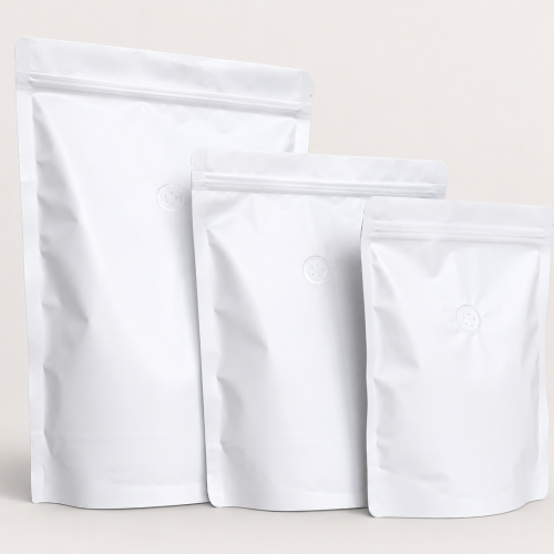 250g Matt White Stand Up Coffee Bag with Valve and Zipper, Foil Lined (100 pcs)