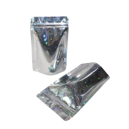 28g Holographic Rainbow Stand Up Pouches with Stars, Zipper Seal, Foil Lined (100 pcs) (85×130+50mm)