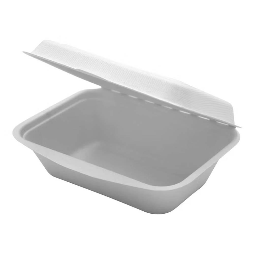 clamshell 01 7×5 inch Eco-Friendly Bagasse Clamshell Container – Ideal for hot or cold food and takeaways (250 units)