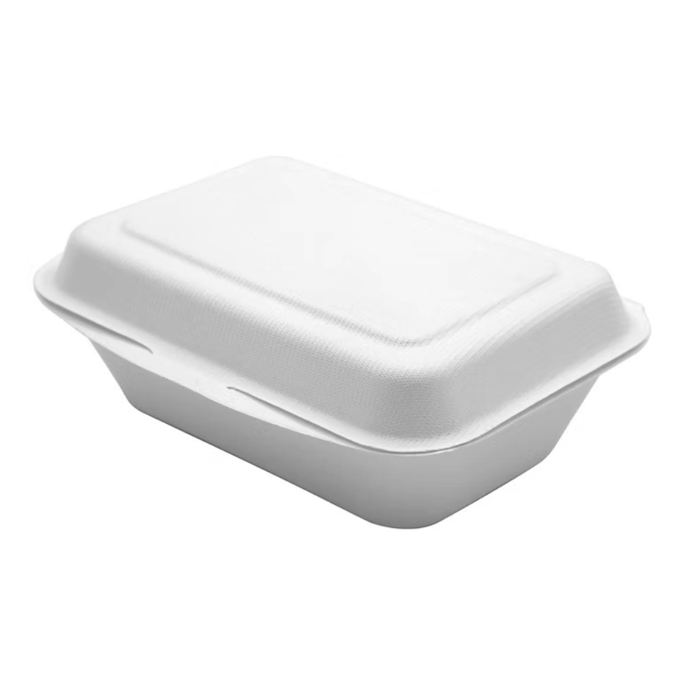 clamshell 02 7×5 inch Eco-Friendly Bagasse Clamshell Container – Ideal for hot or cold food and takeaways (250 units)