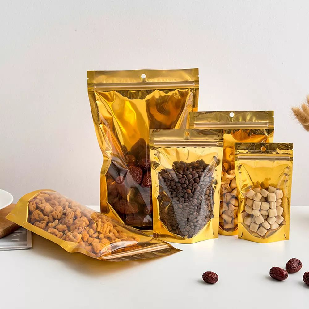 clear-gold stand up pouch 02 100g Clear/Gold Stand Up Pouch with Zipper (100 pcs) (120×200+80mm)