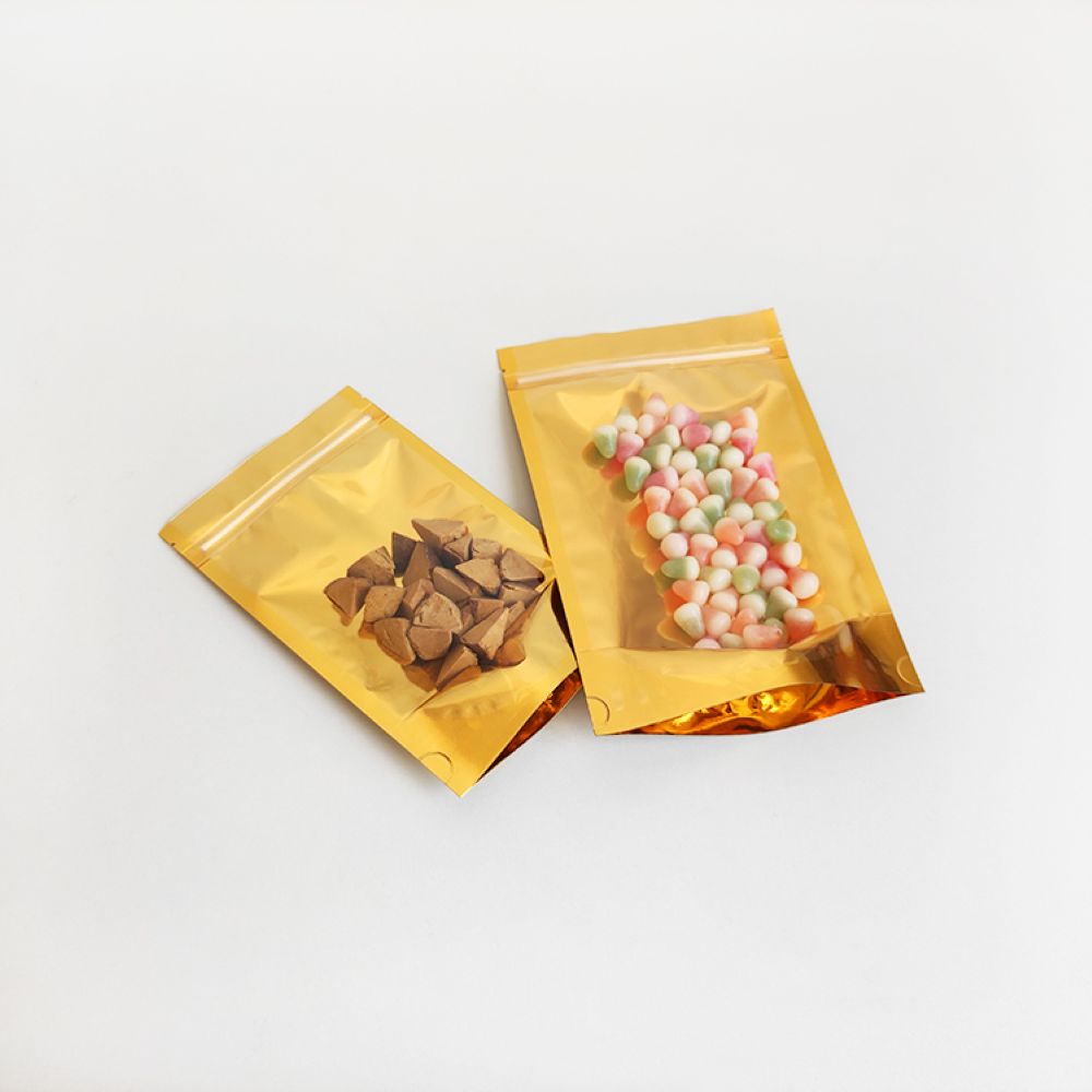 clear-gold stand up pouch 03 100g Clear/Gold Stand Up Pouch with Zipper (100 pcs) (120×200+80mm)